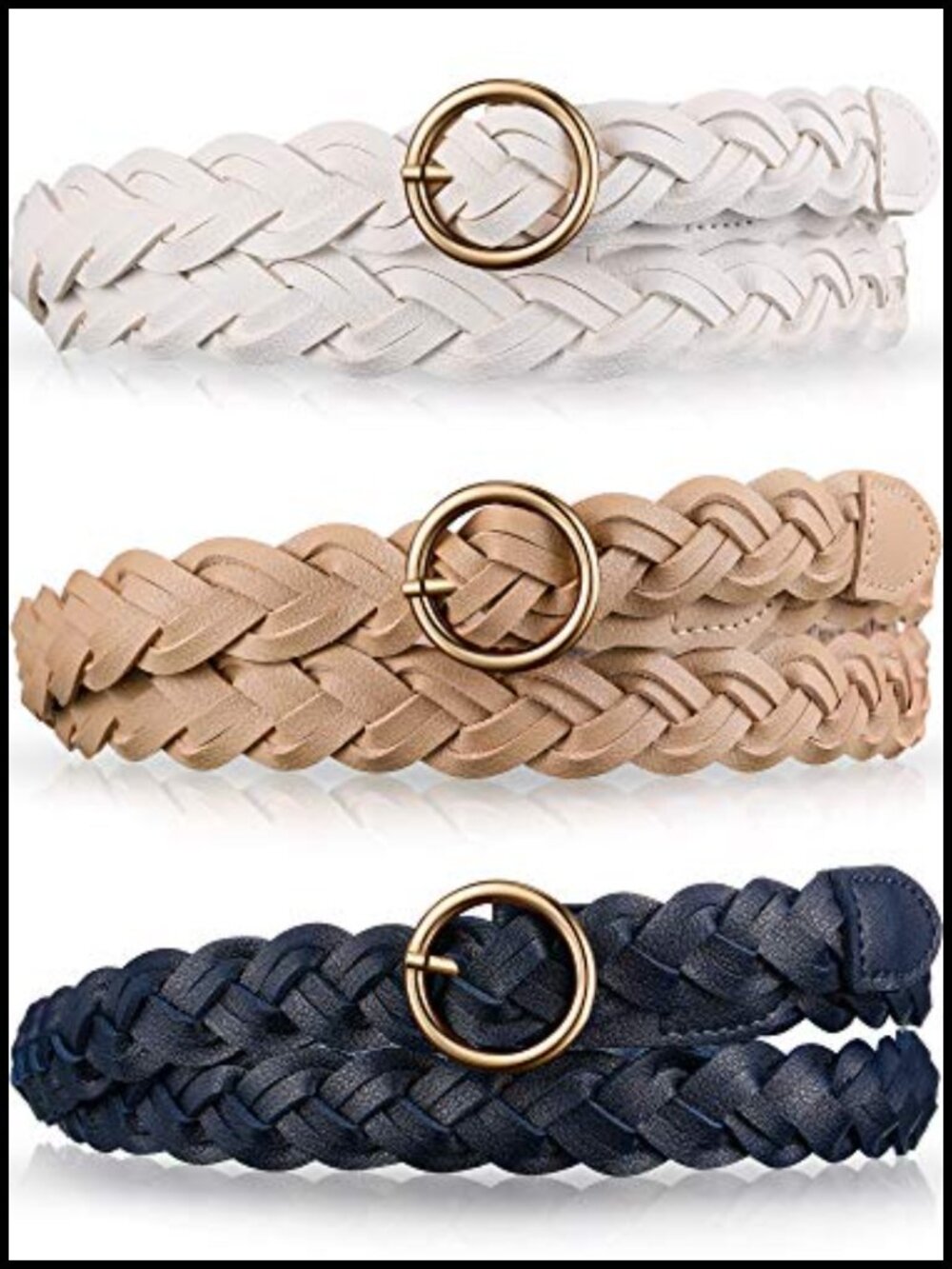 3-Pack Braided Leather Belt Skinny O-Ring Buckle Belt for Dress Jean Skirt